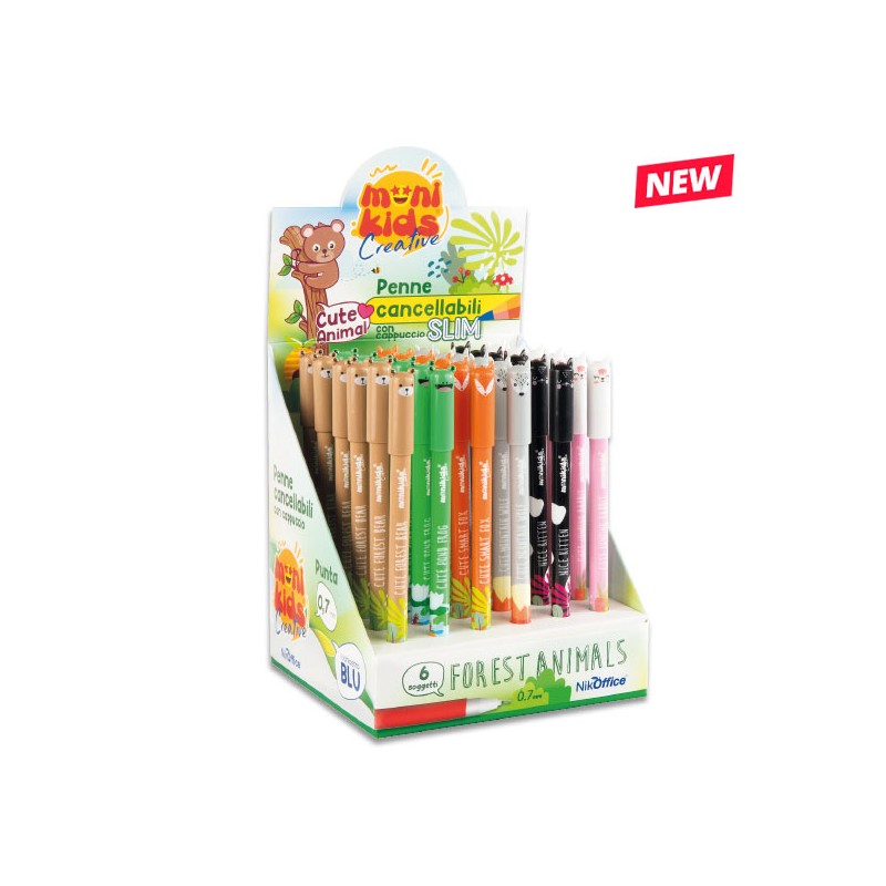 PENNE CANCELLABILI MONIKIDS SLIM FOREST BLU CON CAPP. 0.7MM ESPOSITORE 36 PZ